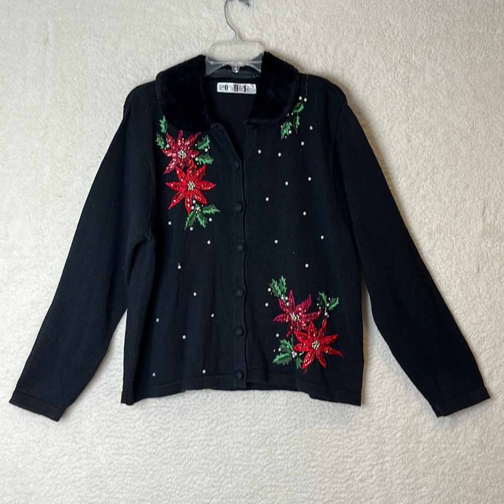 OHI Womens Black Knit Poinsettia Embroidery Sequin Cardigan LARGE